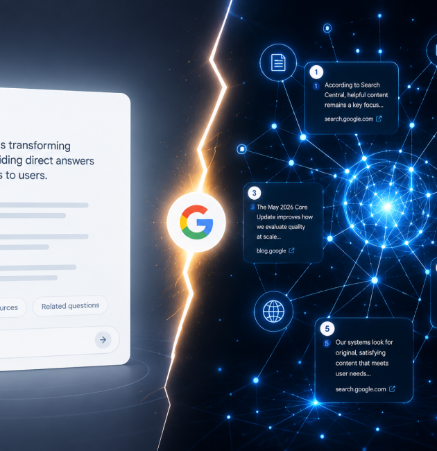 Conceptual graphic illustrating the shift from AEO to GEO after Google's May 2026 Core Update.