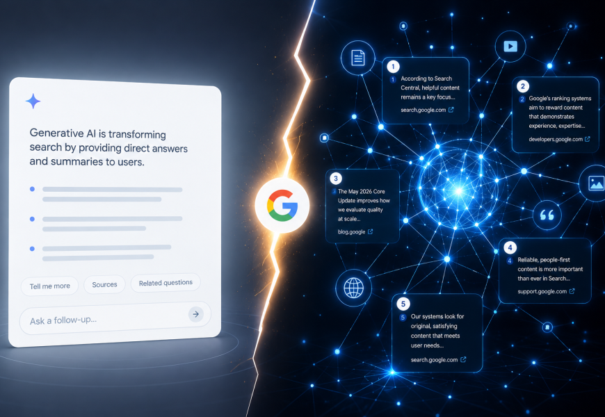 Conceptual graphic illustrating the shift from AEO to GEO after Google's May 2026 Core Update.