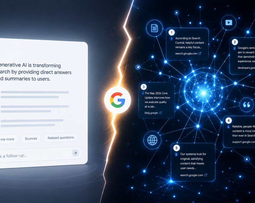 Conceptual graphic illustrating the shift from AEO to GEO after Google's May 2026 Core Update.