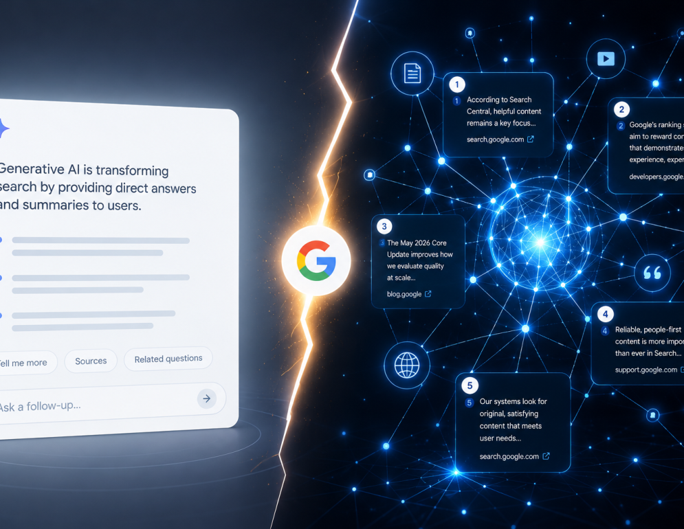 Conceptual graphic illustrating the shift from AEO to GEO after Google's May 2026 Core Update.